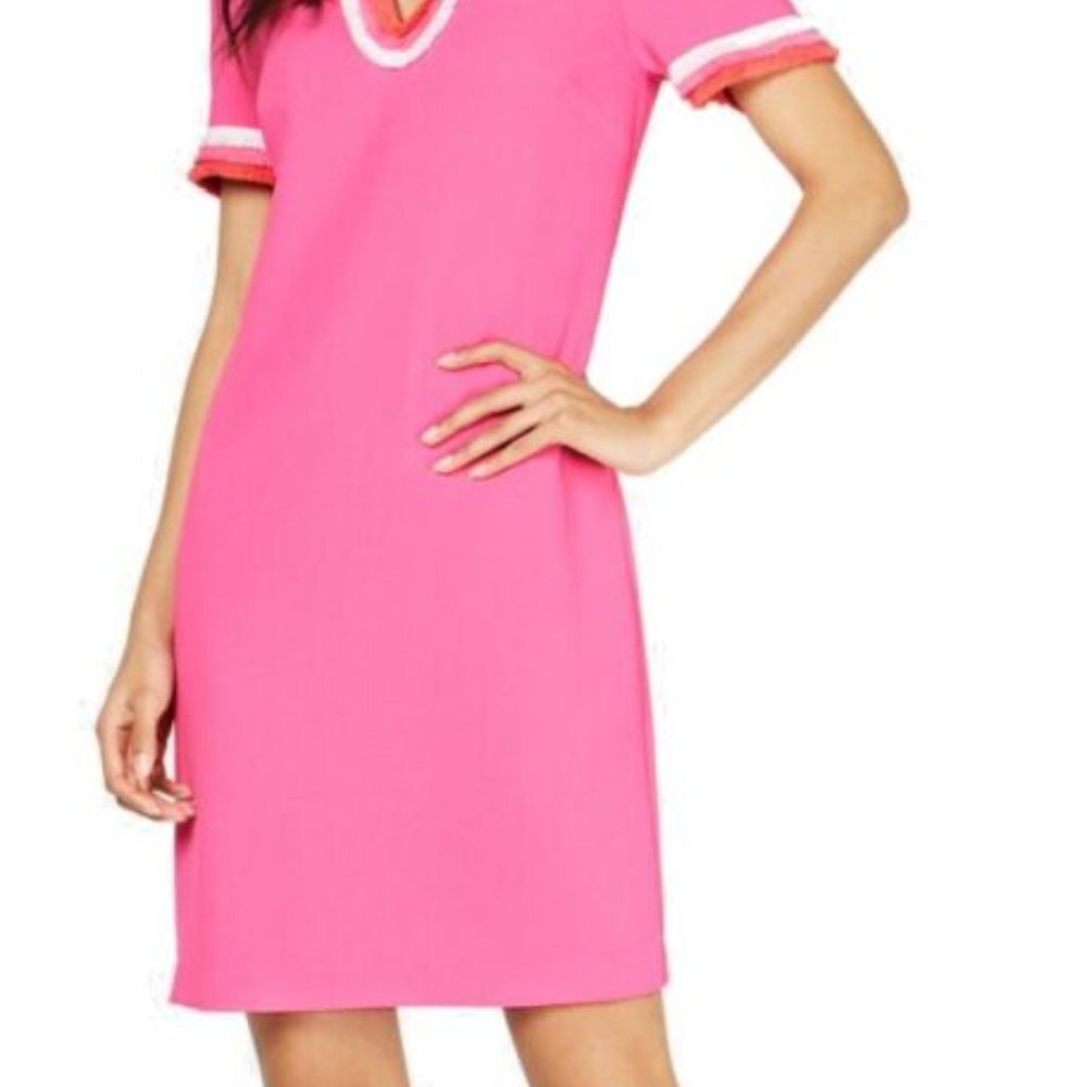 Trina Turk Women Dress Flamingo Pink Size 2 Shift Fringe Stripe Trim